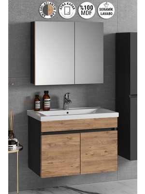 Özceden Çiğdem 80 cm Antrasit Gri Mat-Atlantik Çam Mdf Seramik Lavabolu Asma Banyo Dolabı Takımı