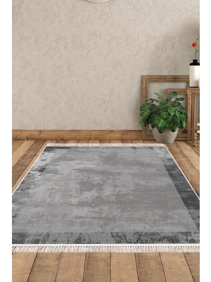 Dekoreko Dijital Salon Halısı Trend Keçe Kaymaz Taban Saçaklı Modern Amelia Gri