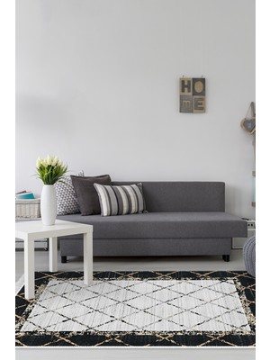 Dekoreko Dijital Salon Halısı Yıldız Deri Kaymaz Taban Saçaklı Modern Doreen Siyah