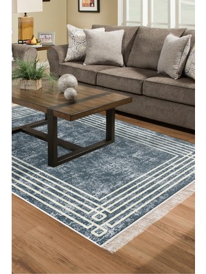 Dekoreko Dijital Salon Halısı Trend Keçe Kaymaz Taban Saçaklı Modern Shelbi Mavi