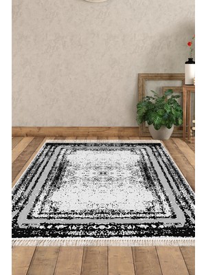 Dekoreko Dijital Salon Halısı Trend Keçe Kaymaz Taban Saçaklı Modern Mollie Siyah
