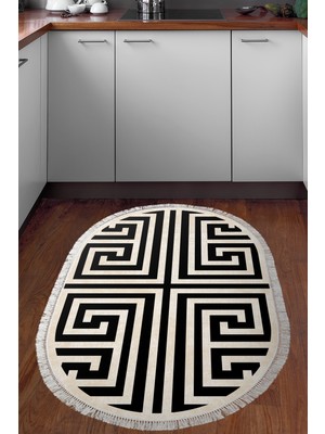 Dekoreko Dijital Mutfak Halısı Yıldız Deri Kaymaz Taban Saçaklı Oval Modern Jem Siyah