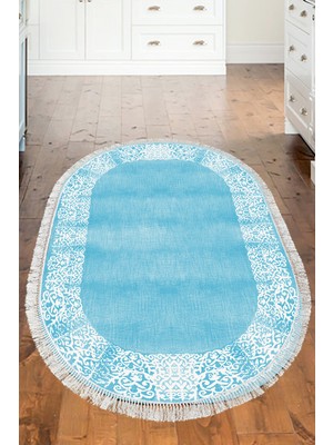Dekoreko Dijital Mutfak Halısı Trend Keçe Kaymaz Taban Saçaklı Oval Modern Sequoia Mavi