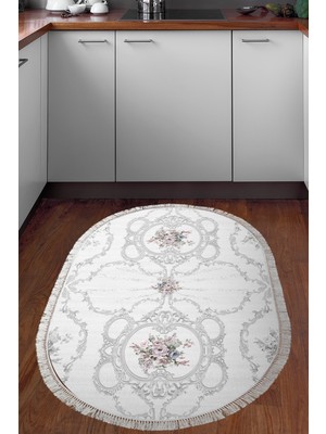 Dekoreko Dijital Mutfak Halısı Yıldız Deri Kaymaz Taban Saçaklı Oval Modern Anabelle Gri