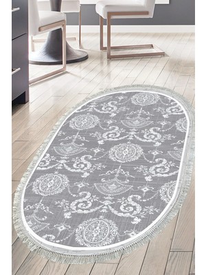 Dekoreko Dijital Mutfak Halısı Star Pamuk Kaymaz Taban Saçaklı Oval Modern Queta Gri