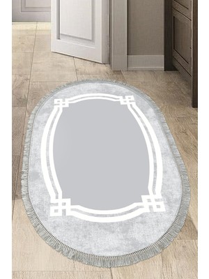 Dekoreko Dijital Mutfak Halısı Star Pamuk Kaymaz Taban Saçaklı Oval Modern Landon Gri