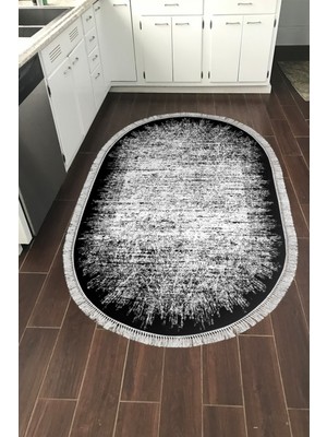 Dekoreko Dijital Mutfak Halısı Trend Keçe Kaymaz Taban Saçaklı Oval Modern Evelina  Siyah