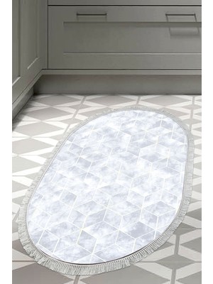 Dekoreko Dijital Mutfak Halısı Trend Keçe Kaymaz Taban Saçaklı Oval Modern Hope Mavi