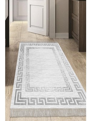 Dekoreko Dijital Mutfak Halısı Trend Keçe Kaymaz Taban Saçaklı Modern Debi Gri