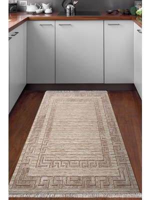 Dekoreko Dijital Mutfak Halısı Star Pamuk Kaymaz Taban Saçaklı Modern Dorothea  Kahve