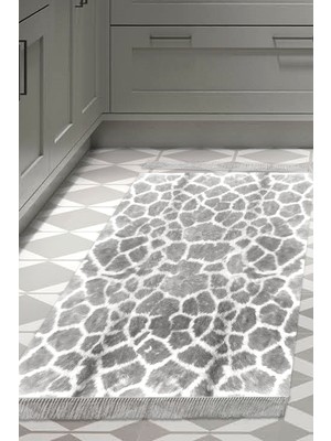 Dekoreko Dijital Mutfak Halısı Star Pamuk Kaymaz Taban Saçaklı Modern Cherry Gri