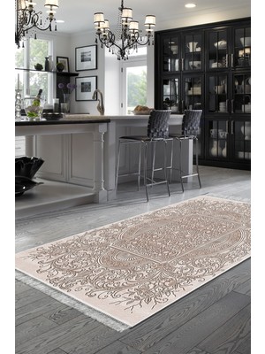 Dekoreko Dijital Mutfak Halısı Star Pamuk Kaymaz Taban Saçaklı Modern Katrina  Kahve