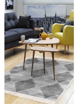 Dekoreko Dijital Salon Halısı Yıldız Deri Kaymaz Taban Saçaklı Iskandinav Amaris Gri