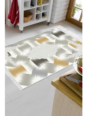 Dekoreko Dijital Mutfak Halısı Star Pamuk Kaymaz Taban Saçaklı Modern Cleo Krem