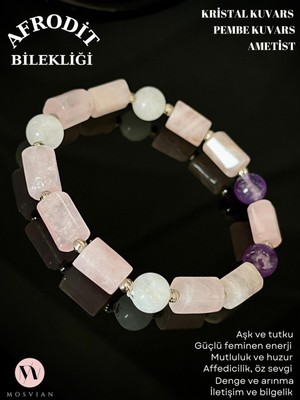 Mosvian Afrodit Kadın Bileklik, Kristal Kuvars, Pembe Kuvars, Ametist, Doğal Taş El Yapımı Tasarım