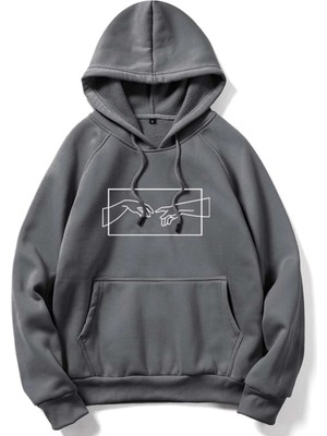 Black Sokak Erkek Koyu Gri El Baskılı Oversize Kapüşonlu Sweatshirt