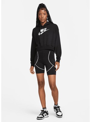 Nike Siyah Kadın Kapüşonlu Baskılı Sweatshirt DQ5850 010 W Nsw Club Flc Gx Crop H