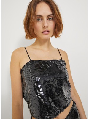 Jjxx Payetli Siyah Kadın Büstiyer Jxava Sequın Strap Crop Top Wvn