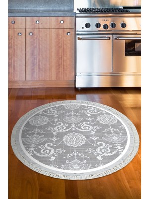 Dekoreko Dijital Mutfak Halısı Trend Keçe Kaymaz Taban Saçaklı Yuvarlak Modern Queta Gri