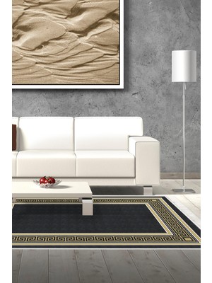 Dekoreko Dijital Salon Halısı Trend Keçe Kaymaz Taban Saçaklı Modern Hunter Siyah