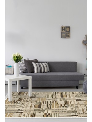 Dekoreko Dijital Salon Halısı Star Pamuk Kaymaz Taban Saçaklı Modern Harper Kahve Bej