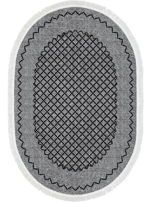 Dekoreko Dijital Mutfak Halısı Yıldız Deri Kaymaz Taban Saçaklı Oval Modern Christie Gri