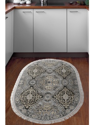 Dekoreko Dijital Mutfak Halısı Trend Keçe Kaymaz Taban Saçaklı Oval Modern Osana Bej