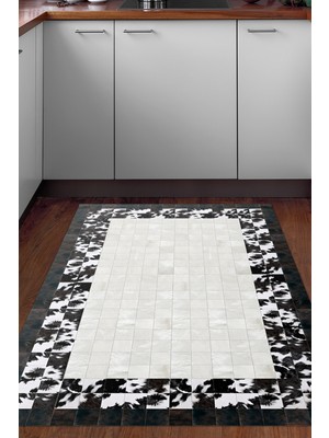 Dekoreko Dijital Mutfak Halısı Yıldız Deri Kaymaz Taban Modern Mallow Siyah