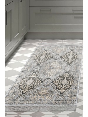 Dekoreko Dijital Mutfak Halısı Yıldız Deri Kaymaz Taban Saçaklı Modern Osana Bej