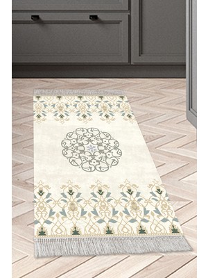 Dekoreko Dijital Mutfak Halısı Trend Keçe Kaymaz Taban Saçaklı Modern Demetria  Bej