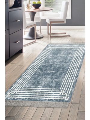 Dekoreko Dijital Mutfak Halısı Trend Keçe Kaymaz Taban Saçaklı Modern Shelbi Mavi