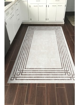 Dekoreko Dijital Mutfak Halısı Yıldız Deri Kaymaz Taban Modern Shelbi Bej