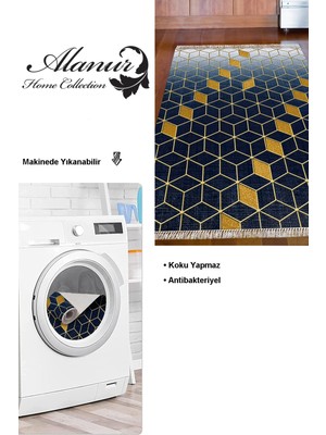 Dekoreko Dijital Mutfak Halısı Trend Keçe Kaymaz Taban Saçaklı Modern Daire Lacivert