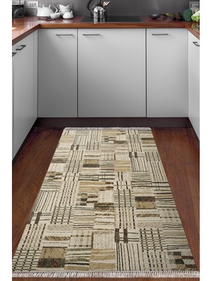 Dekoreko Dijital Mutfak Halısı Star Pamuk Kaymaz Taban Saçaklı Modern Harper Kahve Bej