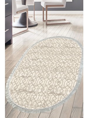 Dekoreko Dijital Mutfak Halısı Trend Keçe Kaymaz Taban Saçaklı Oval Modern Eliana Vizon