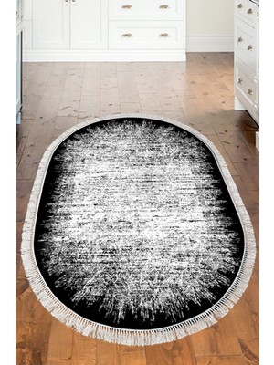 Dekoreko Dijital Mutfak Halısı Star Pamuk Kaymaz Taban Saçaklı Oval Modern Evelina  Siyah