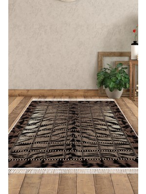 Dekoreko Dijital Salon Halısı Yıldız Deri Kaymaz Taban Saçaklı Modern Joelle Kahve