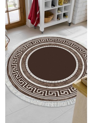 Dekoreko Dijital Mutfak Halısı Yıldız Deri Kaymaz Taban Saçaklı Yuvarlak Modern Carmel Kahve