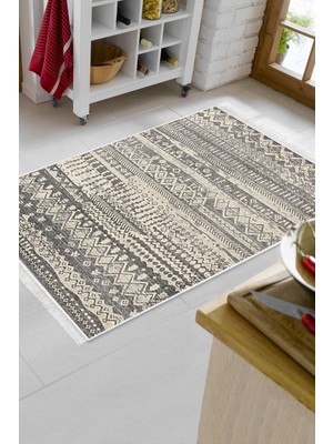 Dekoreko Dijital Mutfak Halısı Yıldız Deri Kaymaz Taban Saçaklı Iskandinav Earnestine Gri Bej