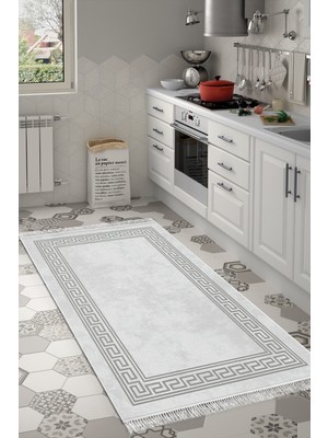 Dekoreko Dijital Mutfak Halısı Trend Keçe Kaymaz Taban Saçaklı Modern Cassietta Gri