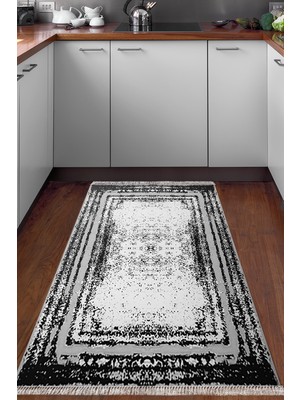 Dekoreko Dijital Mutfak Halısı Trend Keçe Kaymaz Taban Saçaklı Modern Mollie Siyah