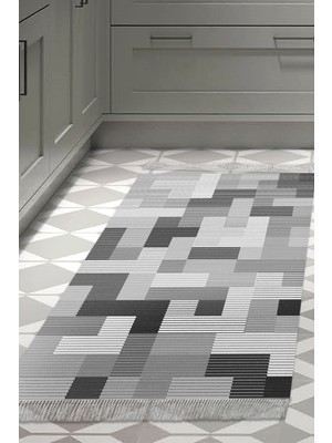 Dekoreko Dijital Mutfak Halısı Yıldız Deri Kaymaz Taban Saçaklı Modern Andrina Gri