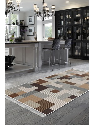 Dekoreko Dijital Mutfak Halısı Yıldız Deri Kaymaz Taban Saçaklı Modern Andrina Kahve