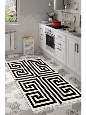 Dekoreko Dijital Mutfak Halısı Yıldız Deri Kaymaz Taban Saçaklı Modern Jem Siyah