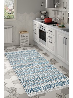 Dekoreko Dijital Mutfak Halısı Yıldız Deri Kaymaz Taban Saçaklı Iskandinav Adelia  Lacivert