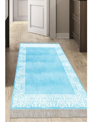 Dekoreko Dijital Mutfak Halısı Trend Keçe Kaymaz Taban Saçaklı Modern Sequoia Mavi