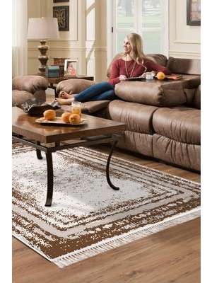 Dekoreko Dijital Salon Halısı Trend Keçe Kaymaz Taban Saçaklı Modern Mollie Krem