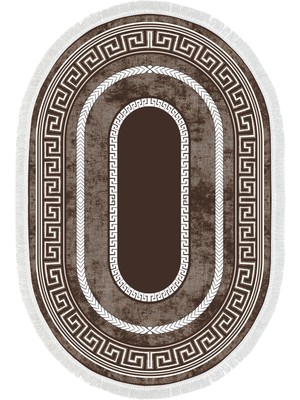 Dekoreko Dijital Mutfak Halısı Yıldız Deri Kaymaz Taban Saçaklı Oval Modern Carmel Kahve