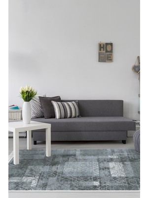 Dekoreko Dijital Salon Halısı Trend Keçe Kaymaz Taban Saçaklı Iskandinav Page Mavi