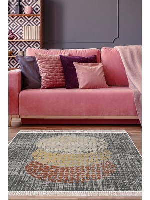 Dekoreko Dijital Salon Halısı Yıldız Deri Kaymaz Taban Saçaklı Modern Saeran Kahve Krem Bej